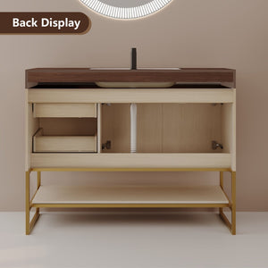 English Elm 36" Freestanding Bathroom Vanity Sintered Stone Top Brushed Gold Legs Wood Cabinet W3136S00056