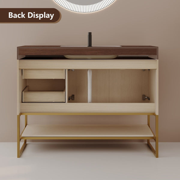English Elm 36" Freestanding Bathroom Vanity Sintered Stone Top Brushed Gold Legs Wood Cabinet W3136S00056