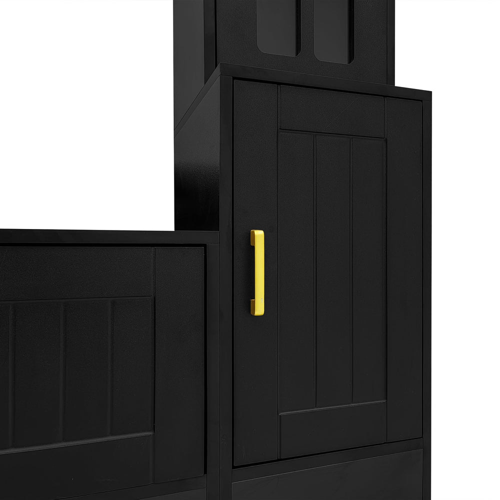 English Elm VIBE Luxury 98.4" Wall Unit Entertainment Center with Bookshelves, Tempered Glass Cabinets & Shelves Black SJ000150AAB