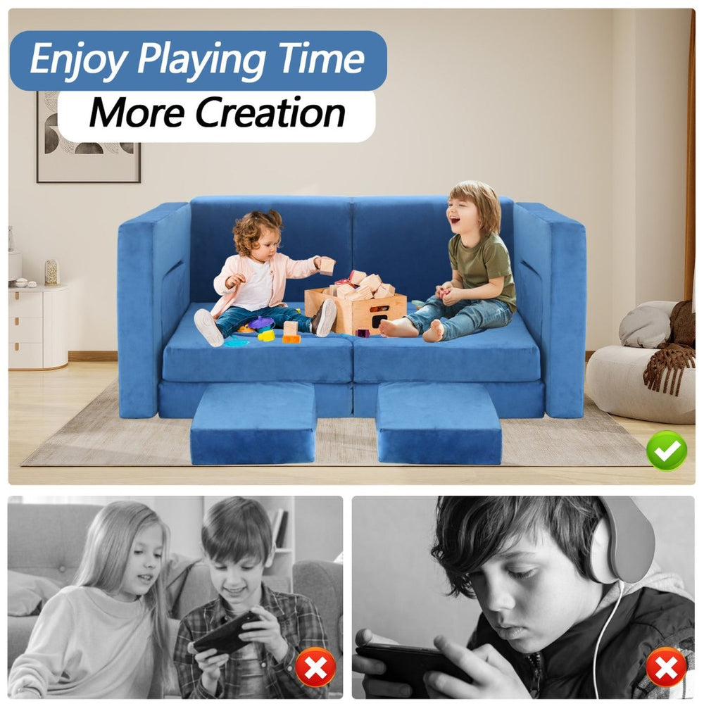 English Elm 12 Piece Modular Foam Play Couch Set Velvet Convertible Sofa Fort for Kids Playroom Blue T5880P493402