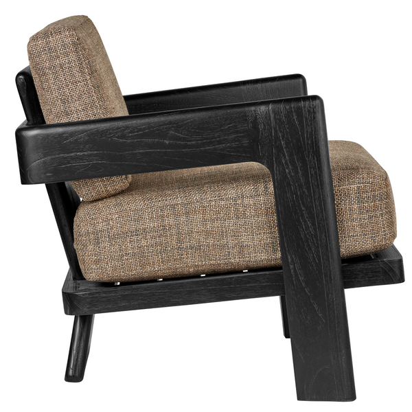 Theo Lounge Chair in Rig Otter Fabric - Stylish Bohemian Design with Caviar Black Mindi Wood Frame
