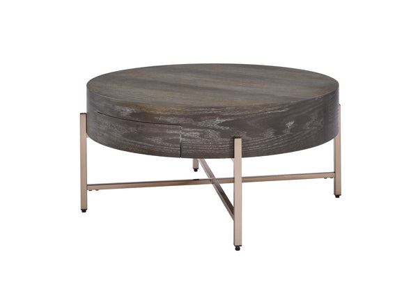 English Elm Light Brown Drum Coffee Table with Single Drawer and Champagne Base — Oak Veneer, Modern Storage Elegance B062P209129