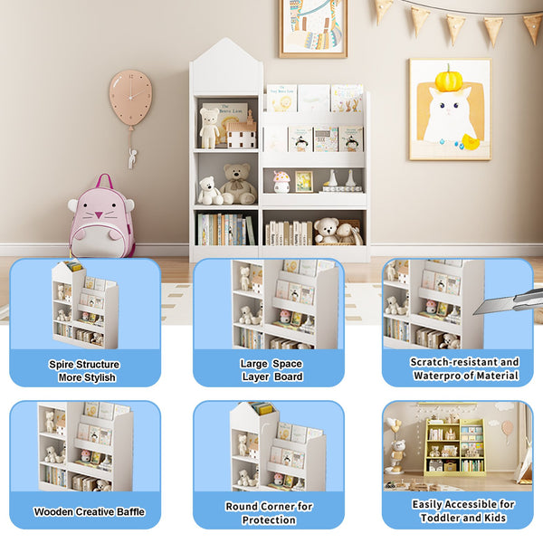 English Elm White Kids Wooden Bookshelf Toy Storage Organizer with 6 Compartments, 2 Baskets, Durable MDF, Easy Assembly W2876P233554