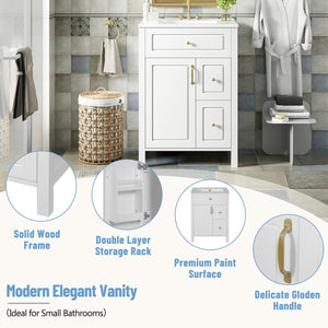 English Elm 24-Inch Bathroom Vanity with Ceramic Sink, Soft-Close Door & Drawers, Gold Handles, Durable Wood Elegance White N729P192078K