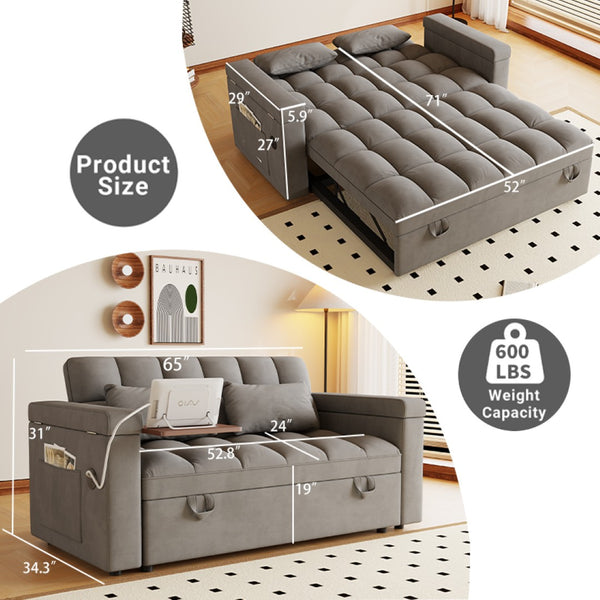 English Elm 65-inch Velvet Convertible Sleeper Sofa with Usb Port Storage Armrests Adjustable Back Dark Gray W2564S00115