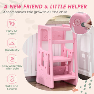 English Elm Qaba Adjustable Toddler Tower with 3 Heights, Anti-Slip Pads & Handrails, Easy-Clean Pink Step Stool W2225P200489