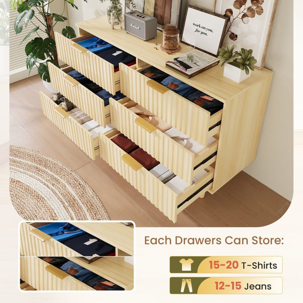 English Elm 6 Drawer Fluted Wood Dresser Natural Finish Compact Chest for Nursery or Bedroom T3773P415651