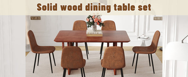 English Elm Table & Chair Set: Elegant Walnut Solid Wood Dining Table With 6 Ergonomic Brown Techno-Fabric Chairs W1151S04066-GIGA