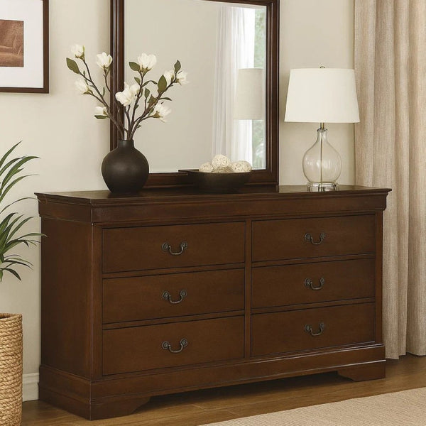 English Elm 6 Drawer Wooden Dresser with Molded Fronts and Metal Bale Pulls for Bedroom Storage B056P417107