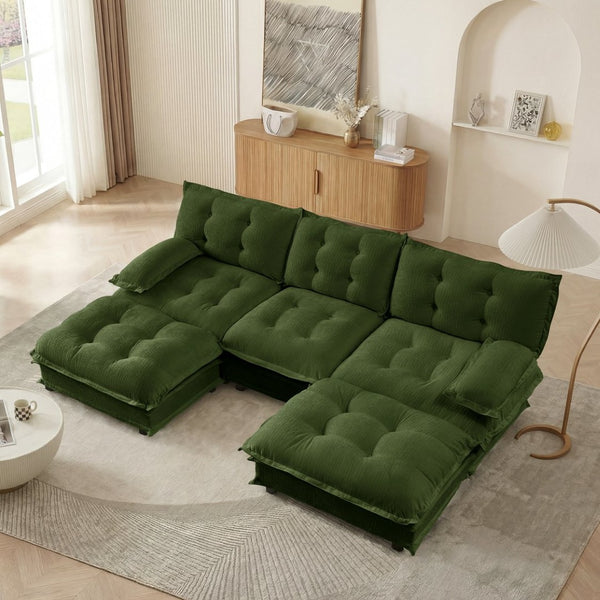 English Elm 107" U Shaped Chenille Sectional Cloud Sofa with Ottomans Deep Seat Modular Living Room Green W714S01730