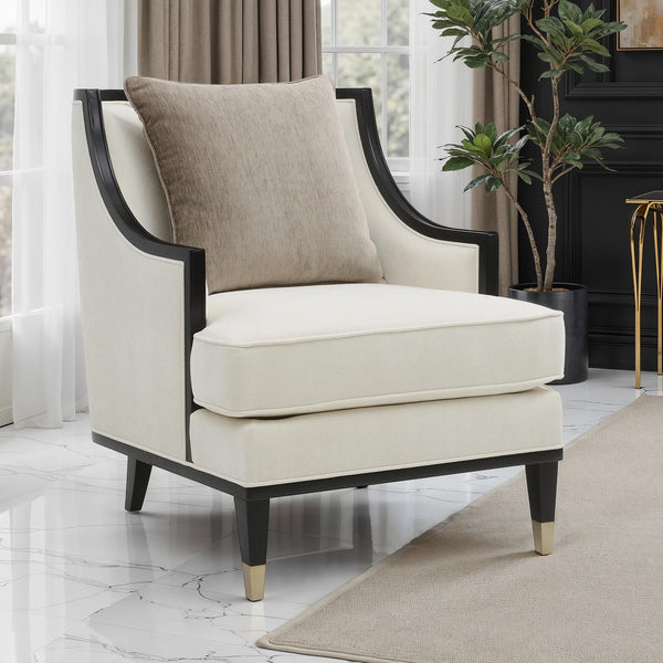 English Elm Traditional Upholstered Accent Chair with Curved Arms and Gold-Capped Legs, Plush White Fabric for Living Room Comfort and Style B2741P396710