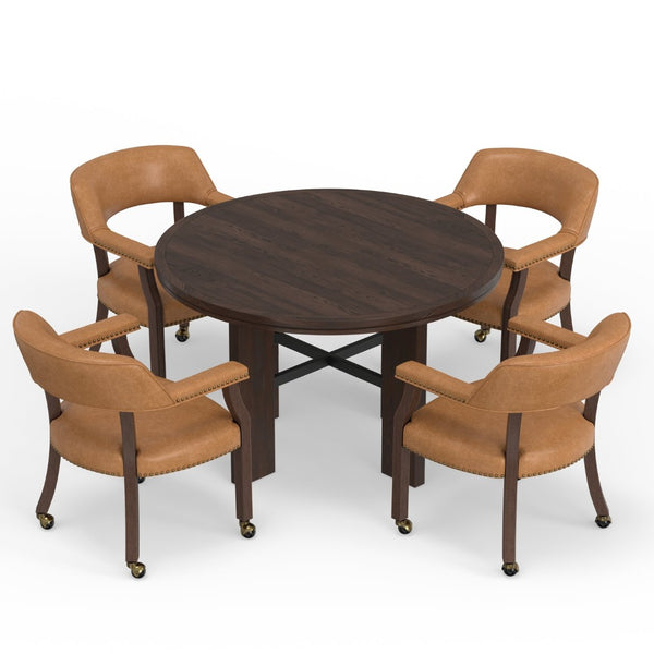 English Elm Gorman Walnut Game Dining Table Set with Faux Leather Nailhead Chairs for 4 B050S00040