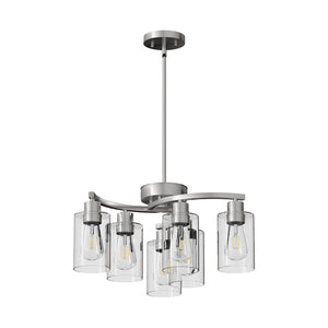 English Elm 6-Light Modern Farmhouse Iron Chandelier with Clear Glass Shades, Adjustable Height Dining Fixture Chrome W2312P374985