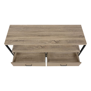 English Elm Tv Stand 48 Inch Console Media Center with Black Metal Frame, Two Drawers & Open Shelves for Compact Living Spaces taupe 52 L x 18 W x 7 H B2710P221334