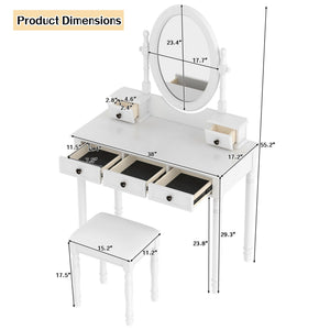 English Elm Vanity Vintage Wooden Makeup Desk with 180° Adjustable Mirror, 5 Velvet‑Lined Drawers & Cushioned Stool White 52.7 L x 22.5 W x 11 H N733P305139K