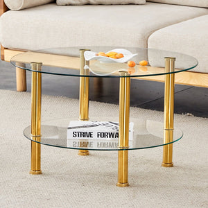 English Elm Contemporary Double Layer Tempered Glass Coffee Table 27.5" Top 23.6" Bottom Gold Legs, Modern Luxurious Design W1512P355039