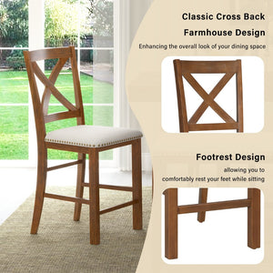 English Elm U_style Rubberwood Farmhouse Bar Table Set Expandable Crossback Chairs Bench Seating Brown WY000534AAD