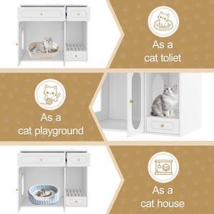 English Elm Cat Litter Box Cabinet with Led Lighting Acrylic Doors and Drawer Storage End Table White N704P402444K