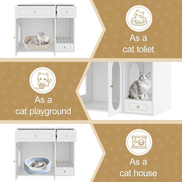 English Elm Cat Litter Box Cabinet with Led Lighting Acrylic Doors and Drawer Storage End Table White N704P402444K