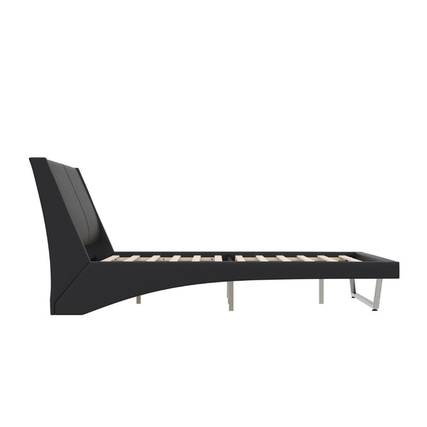 English Elm Queen Pu Leather Platform Bed Sculptural Wave Base Floating Silhouette Modern Bedroom Black N761S0000031B
