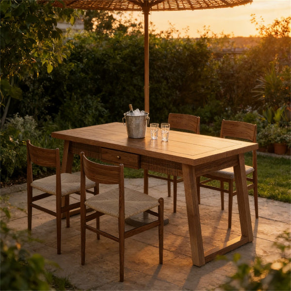 English Elm Rectangular Walnut Dining Table with Hidden Drawer and Tapered Solid Wood Legs Seats Six T3971P447210