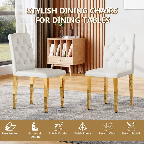 English Elm 4-pack PU dining chairs with ergonomic buckle backrest, high-density sponge seat, gold metal legs elegant luxury White+Gold W1151P295709