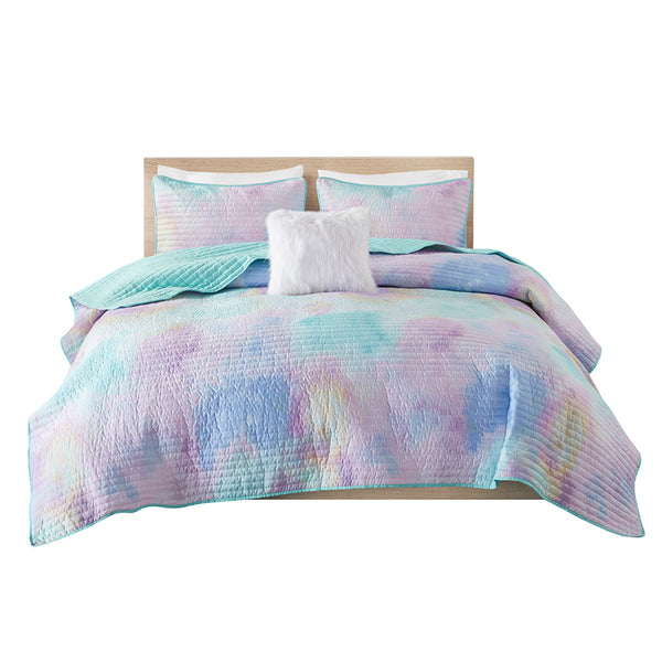 JLA Home Intelligent Design - Watercolor Dream Tie-Dye Quilt Set with Reversible Aqua Backing, Hypoallergenic OEKO-TEX Comfort 90 L x 68 W x 0.25H ID13-2289