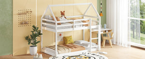 English Elm Twin Rubber Wood Floor Bunk Bed House-Shaped Design with Ladder Guardrails Sturdy Low-Profile Retreat White W504P206864