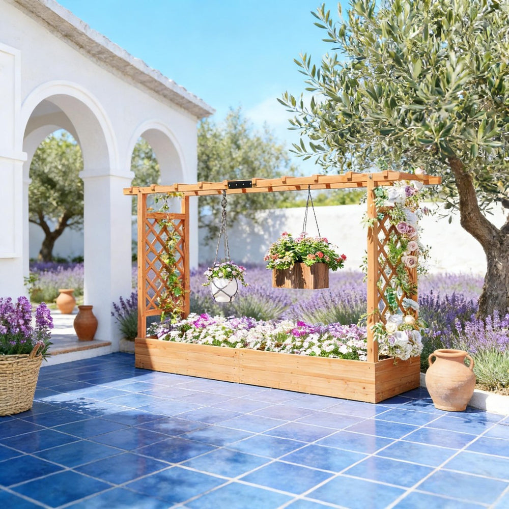 English Elm Wooden Fir Raised Garden Bed with Arched Trellis for Climbing Plants Outdoor Privacy T3971P455905
