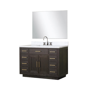 English Elm Brown Oak Single Bath Vanity Set With Carrara Marble Top, Chrome Faucet & Frameless Mirror - 48" W B2731S01958