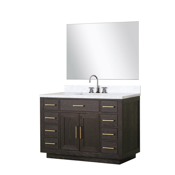 English Elm Brown Oak Single Bath Vanity Set With Carrara Marble Top, Chrome Faucet & Frameless Mirror - 48" W B2731S01958