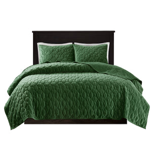 English Elm 3 Velvet Quilt Set Full/Queen with Geometric Quilting, Soft Antimicrobial Velvet Texture, Cozy Layering Green 17.72 L x 16.14 W x 7.09 H B03597556