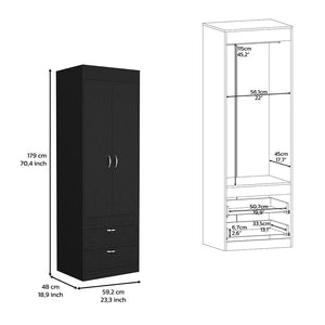 English Elm Armoire with 70" Height for Bedroom Storage, Double Door Cabinet with Hanging Rod and Two Spacious Drawers Black 74 L x 23 W x 4 H B097133136