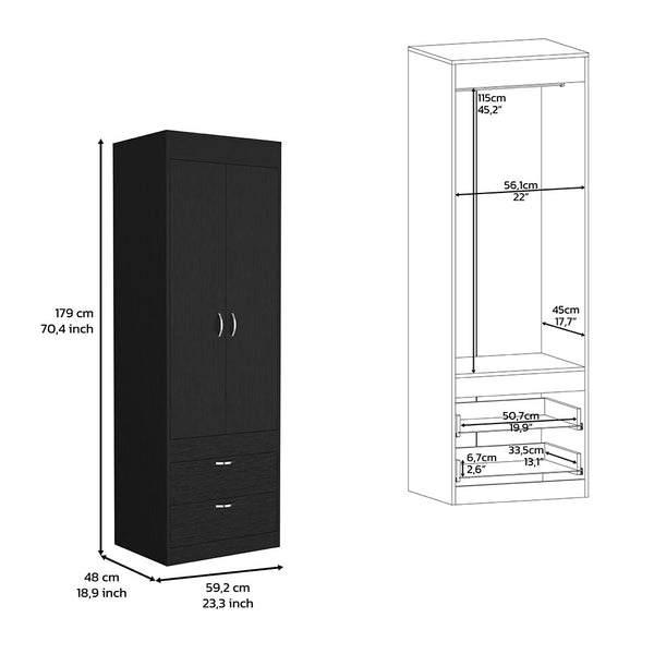 English Elm Armoire with 70" Height for Bedroom Storage, Double Door Cabinet with Hanging Rod and Two Spacious Drawers Black 74 L x 23 W x 4 H B097133136