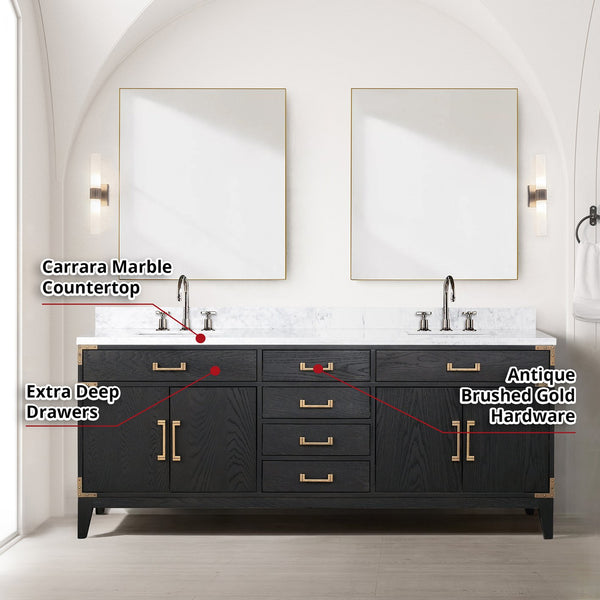English Elm Black Oak Double Bath Vanity Set With Carrara Marble Top, Faucets & 36" Mirrors For Modern Spaces B2731S02190