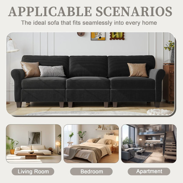English Elm 94" Corduroy Three Seater Sofa Deep Cushioned Solid Wood Frame Modern Living Room Couch Black W2715S00008
