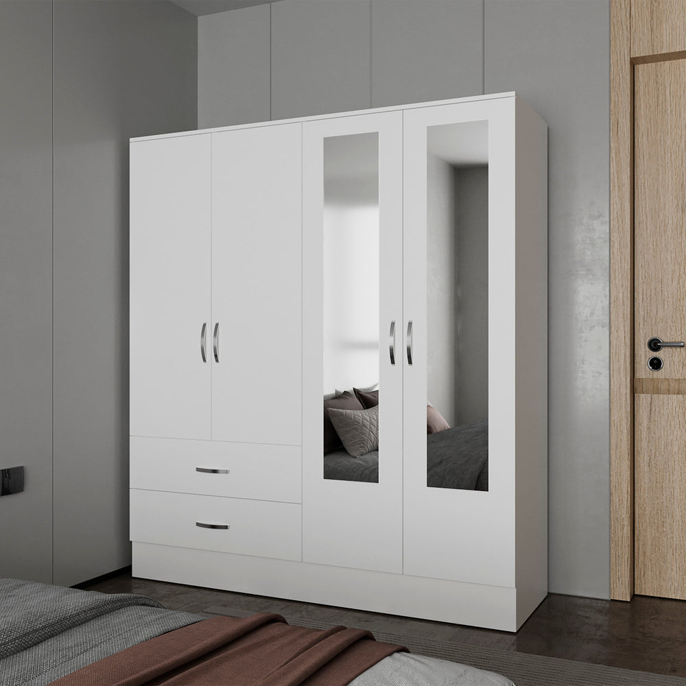 English Elm White Four-Door Wardrobe with Mirrors and Drawers — Spacious Melamine Closet for Organized Living B062S01279