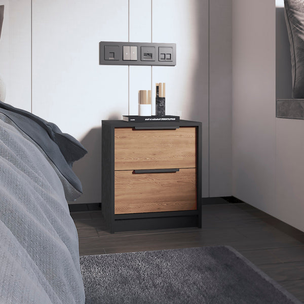 English Elm Wenge Two-Drawer Nightstand with Pine Accents, Modern Finish, Smooth Metal Hardware, Compact Storage B06280501