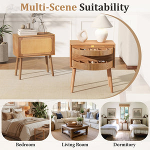 English Elm Rotating Rattan Nightstand Push Open Hidden Storage Mid Century Wood Leg Bedside Natural N761P288451M