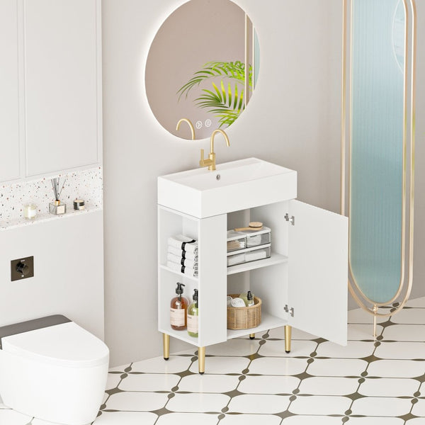 English Elm 21.6" Compact Bathroom Vanity Ceramic Sink Wave Door Open Shelf White Finish W1920S00189