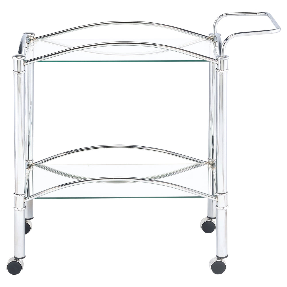 English Elm Porch Chrome 2-Tier Rectangular Glass Shelf Metal Bar Cart with Casters, Sleek Reflective Modern Style B062P328697
