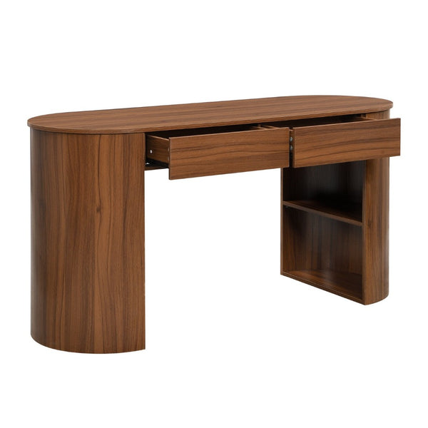 English Elm Storage Writing Desk with Curved Base Open Shelves and Drawers for Home Office Dark Walnut N757P306285D