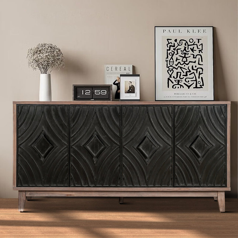 English Elm Mid Mid Century Sideboard showcasing fluted masonry-style doors, solid wood legs, elegant storage console 64.96"L Antique Black W1445P173038
