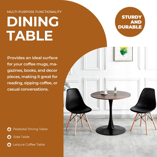 English Elm 31.5" Round Mdf Pedestal Dining Table Mid-century Modern Sculpted Base Seats Four Black + Dark Walnut W234P405179