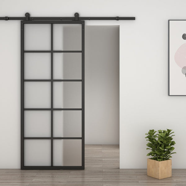 English Elm 30 in Matte Black Steel Sliding Barn Door Frosted Glass Privacy Panel with Hardware B2763P483219