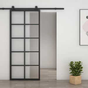 English Elm 30 in Matte Black Steel Sliding Barn Door Frosted Glass Privacy Panel with Hardware B2763P483218