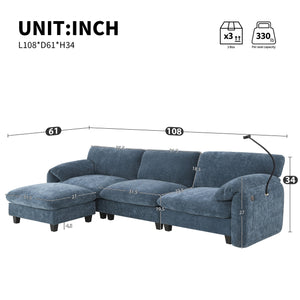 English Elm 108" Modular Sectional Sofa with USB & Type-C Chargers, Phone Cradle, Side Pockets, Movable Ottoman Blue Gray N723S7039C