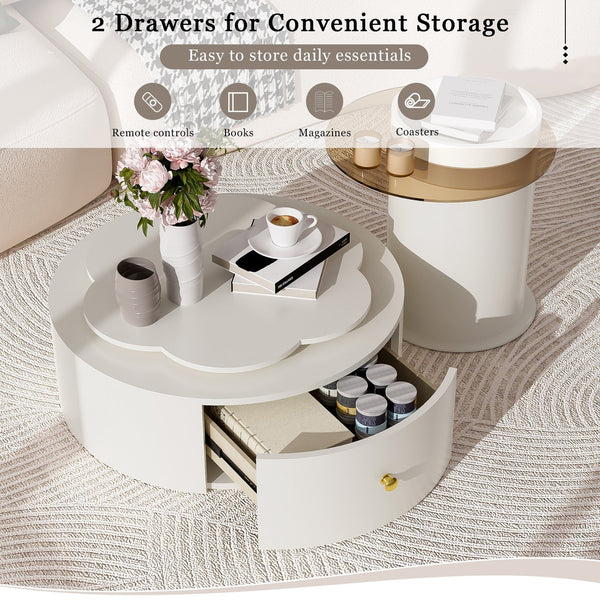 English Elm U-Can Cream Floral Round Coffee Table Set of 2 with Tempered Glass Tops, 2 Drawers & Rotating Design SJ000137AAK