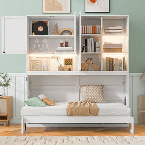 English Elm Twin Murphy Bed with Cabinet Shelves Built in Lighting Usb Ports Space Saving Wall Unit White LP000389AAK-1