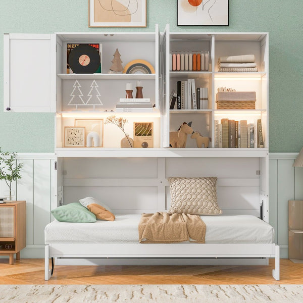English Elm Twin Murphy Bed with Cabinet Shelves Built in Lighting Usb Ports Space Saving Wall Unit White LP000389AAK-1